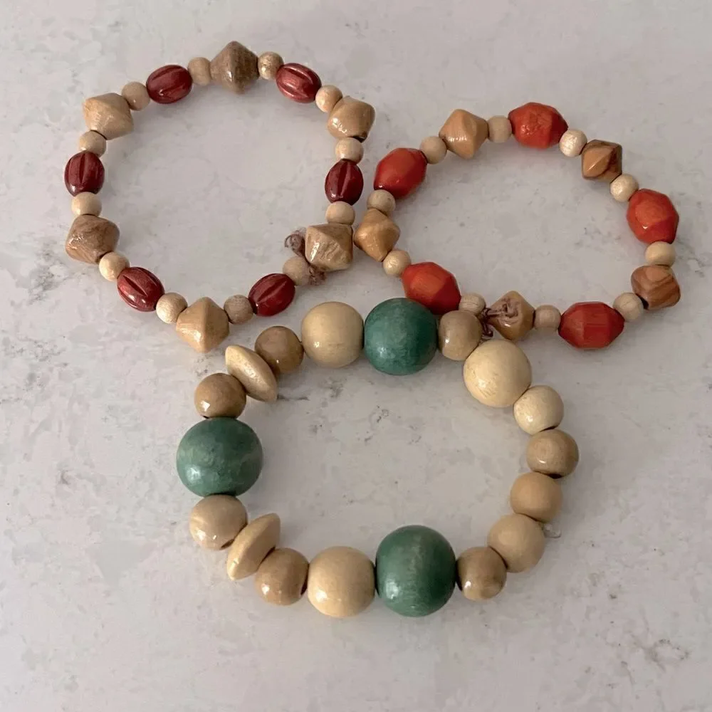 *3/$20* Boho wooden red, green and tan beaded bracelets- set of 3